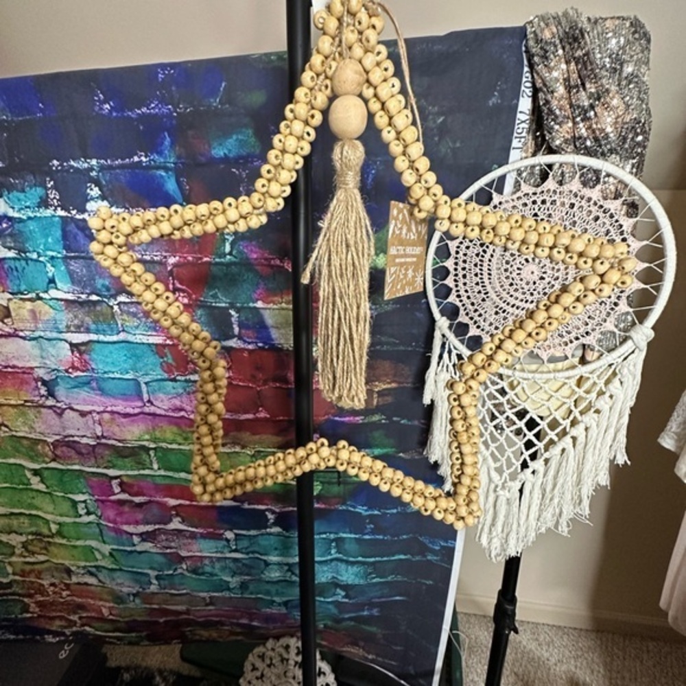 NWT BOHO Jute Cord and Beaded Star Home Decor Hanging Artwork.